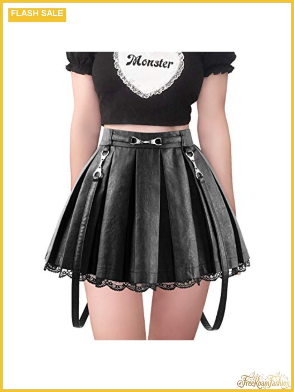 A-Line Pleated Faux Leather Mini Skirt Lace Trim Flared